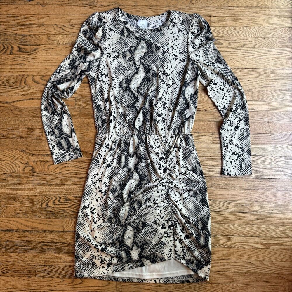 Peyton Jensen Shift Dress Womens S Black Cream Snake Print Ruched Career Office